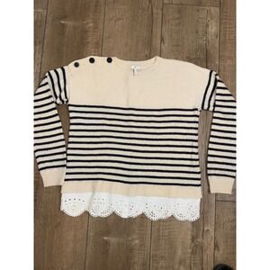 Joie Striped Sweater with Lace Trim Detail Button Shoulder Cream Black‎ Size S